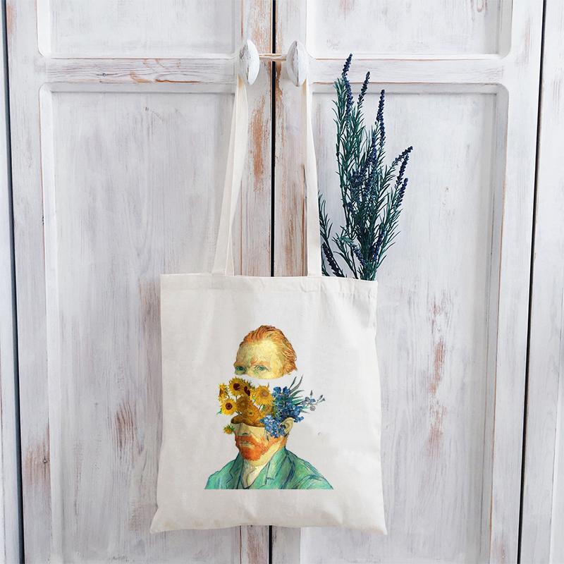 Van gogh bolsa de compras meninas harajuku bolsa de ombro feminina ulzzang engraçado grande sacola de lona estudante gráfico