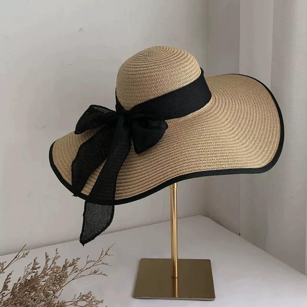 Oversize Weave Sun Cap Bowknot Ribbon Sun Protection Hat Fashion Straw Sun Hat  Woman