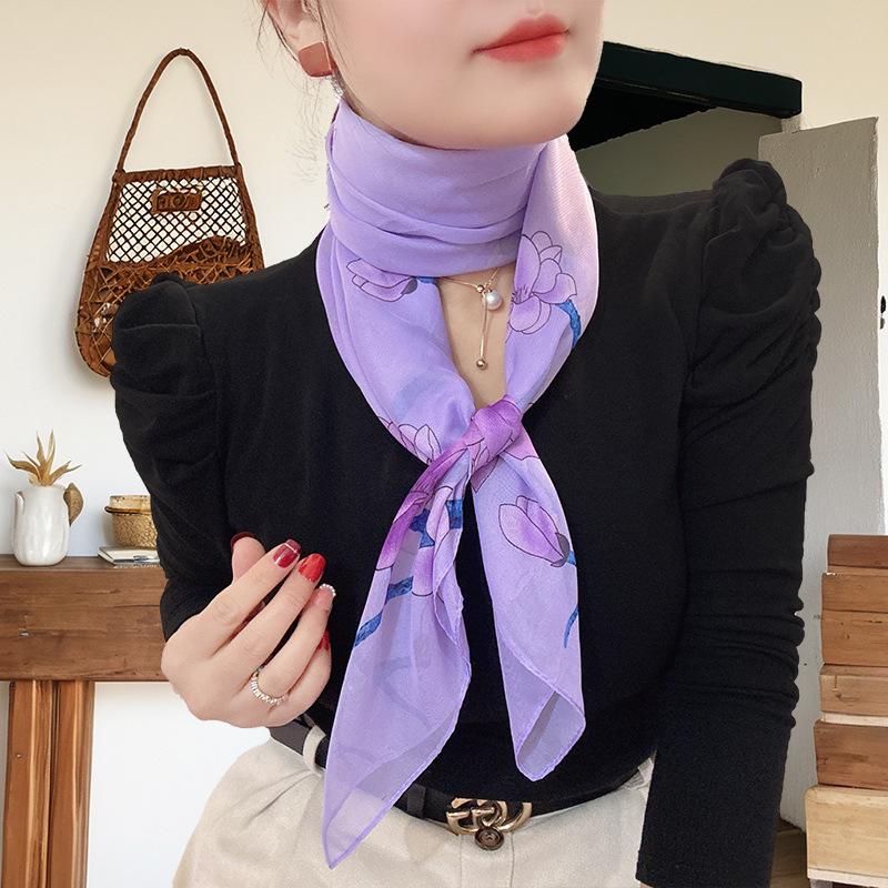 Large 95cm Square Korean Silk Chiffon Scarf for Women - Printed Neck or Head Scarf