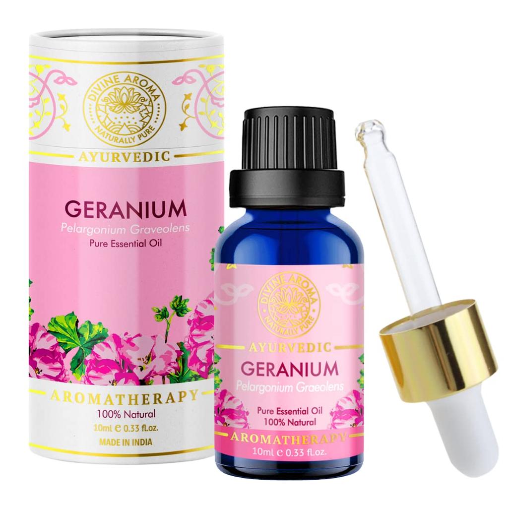 Divine Aroma Geranium Essential Oil 100% PURE & Natural Essential Oil |10ml|- Undiluted Exotic Sharp, Herbaceous green, Sweet Minty & Rose U