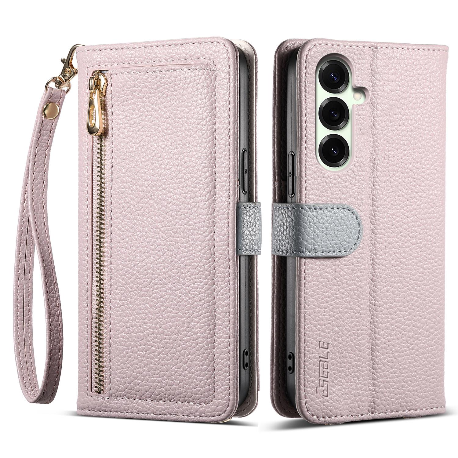 

ESEBLE E11 For Samsung Galaxy S24 Case Zipper Pocket Litchi Texture Leather Phone Cover with Mirror and Wrist Strap Light Purple