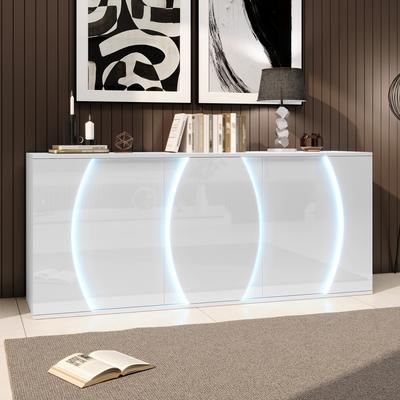 150 X 40 X 70 Cm, Living Room Sideboard, High-Gloss Living Room Cabinet with Three Doors, Storage Cabinets with LED Doors, White, Chipboard.