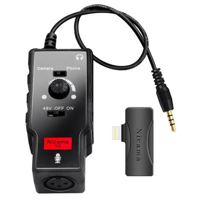 Nicama V2 Microphone Preamp for iPhone, DSLR Camera, XLR Female To 3.5mm TRS TRRS Adapter with Phantom Power for Shotgun or Condenser Microphones