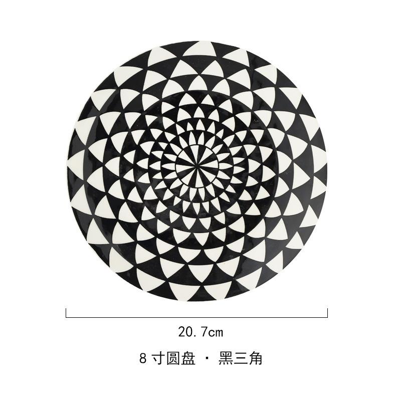 Handmade Ceramic Plates Round Underglaze Geometric Patterns Dinner Serving Dish Plate Food Tray Kitchen Tableware
