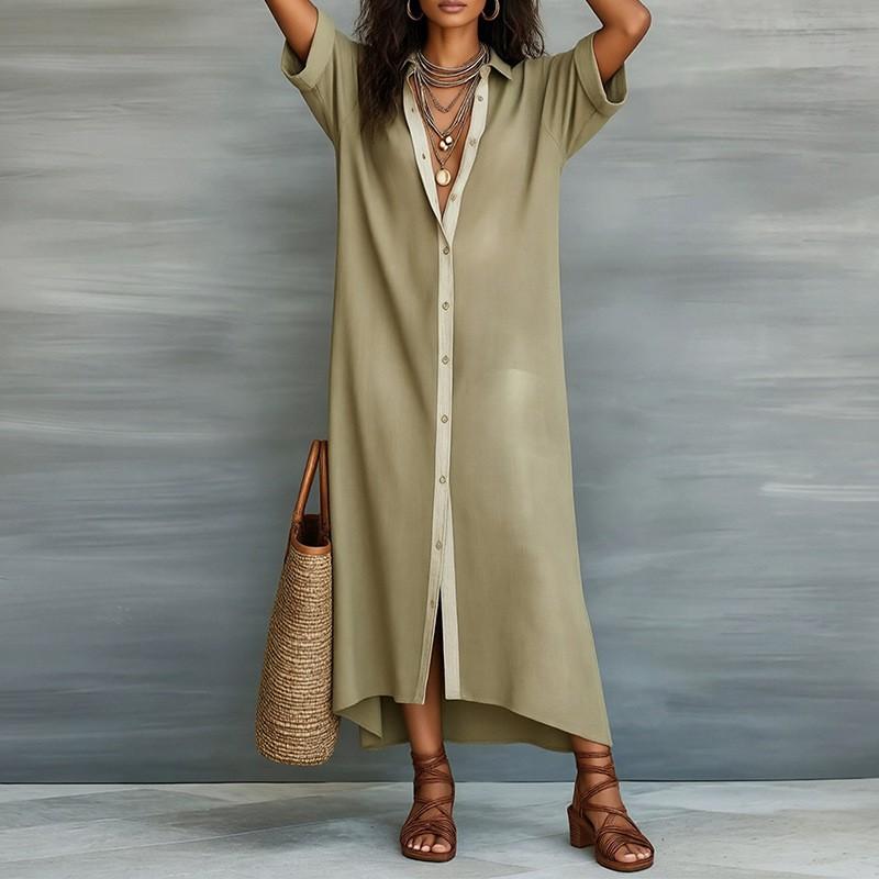 

Women s Clothing Spring New European American Fashion Casual Loose Buttons Pure Color Dress 3XL