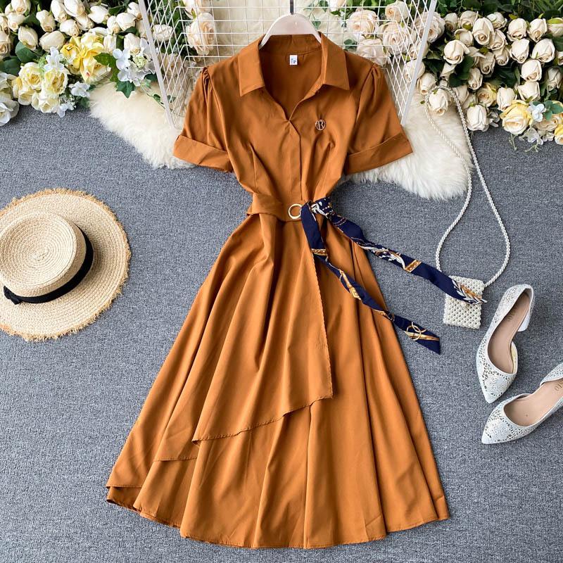 Letnia sukienka biurowa damska w jednolitym kolorze z kołnierzykiem i krótkim rękawem, damska, z paskiem w kształcie wstążki, nieregularna