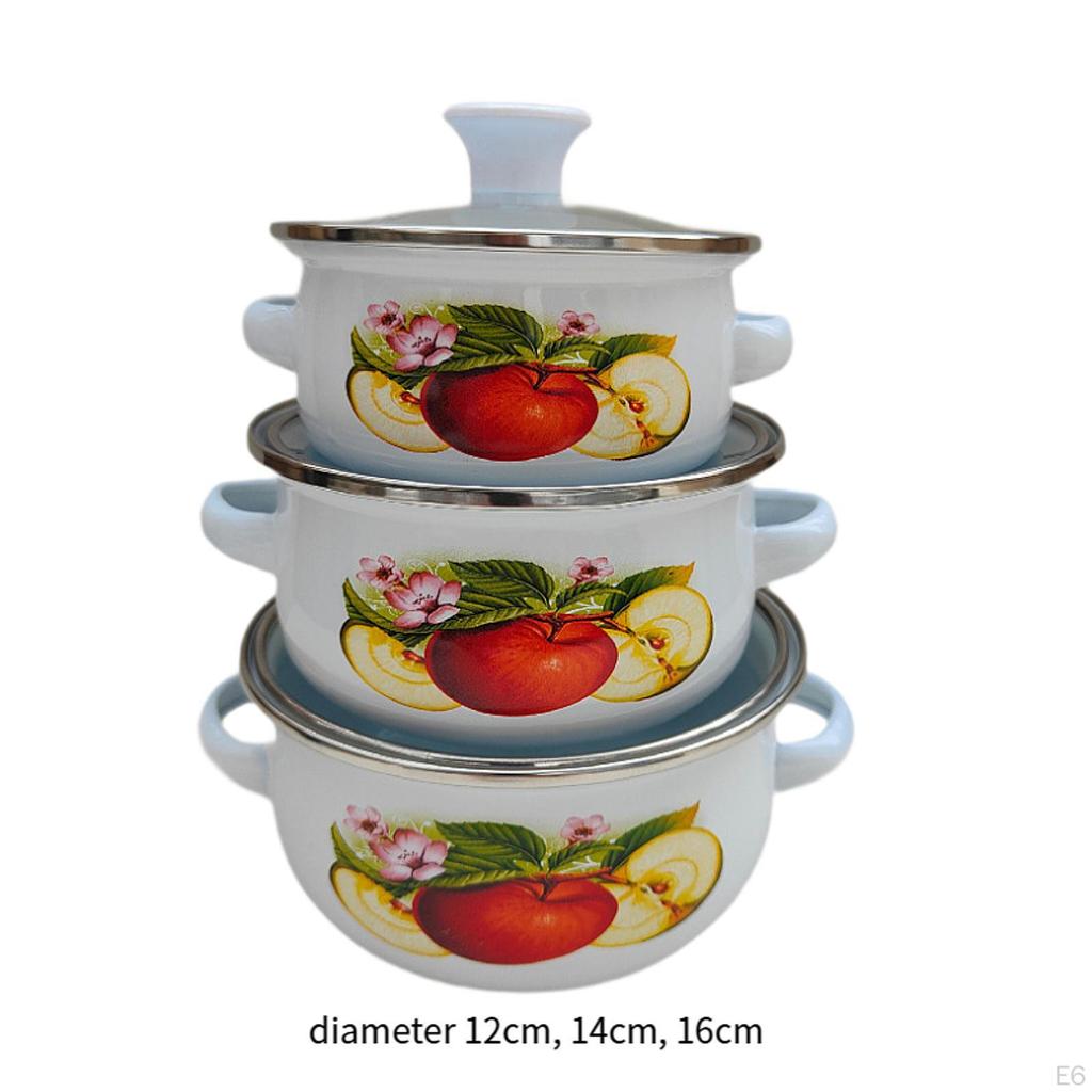 3 Stück Emaille Kochtopf Kochtopf Blumendesign und Griffe Schmoren Bohnen Köcheln Tiefe Suppe