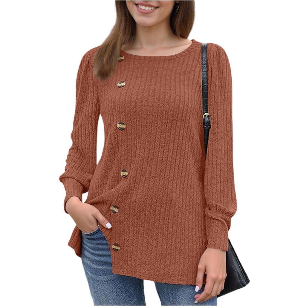 Women's Fashion Square Neck Solid Color Fleece Long Sleeve Decorative Button Hem Split Top
