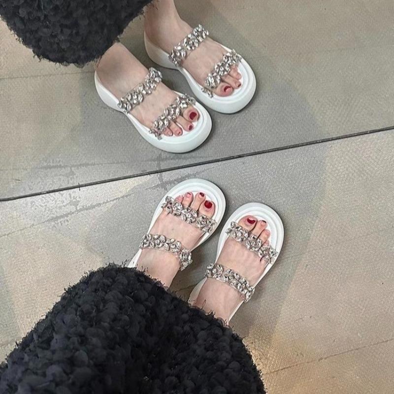 Fashion Rhinestone Transparent Belt One-word Cool Drag, Wear Outside Summer New Round-toe Platform Platform Heightened Small Sandals