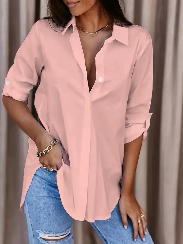 Ladies Casual Button Up Office Shirt Solid Color Long Sleeve Blouse with Collar Business Work Top for Daily Wear