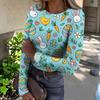T-shirt da Donna Invernale Slim alla Moda Casual Stampata Girocollo Pullover Manica Lunga Top