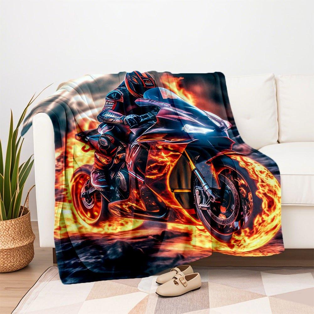 "Flaming Speed: Motorcycle Art Print - Ignite Your Space!"Blanket Flannel Throw Blanket for Sofa, Bed, Travel, Camping, Office, Couch, Chair