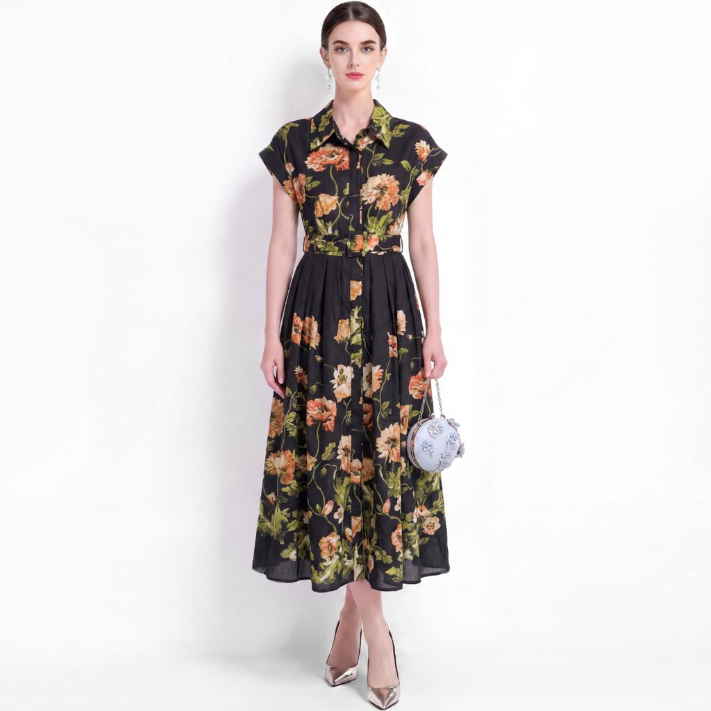 Elegant Floral Print Midi Shirt Dress for Women Summer Cap Sleeve Lapel Button Down Waist Belt A-Line Dress Holiday Outfits
