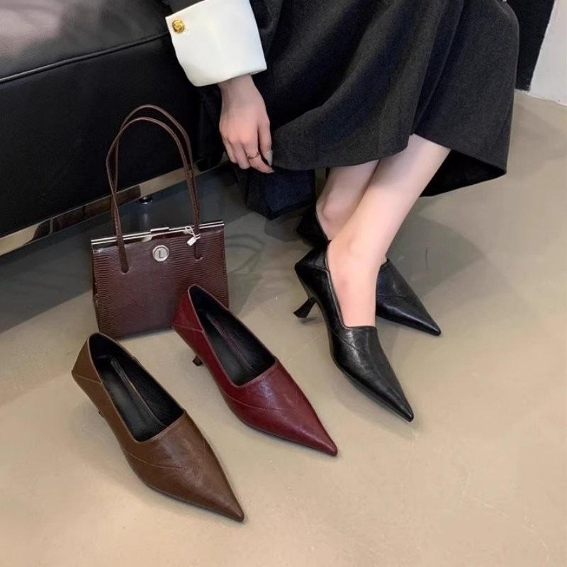French Retro Style Stiletto Deep Mouth Stiletto High Heels Women's 2026 Spring and Autumn Temperament Brown Single Shoes