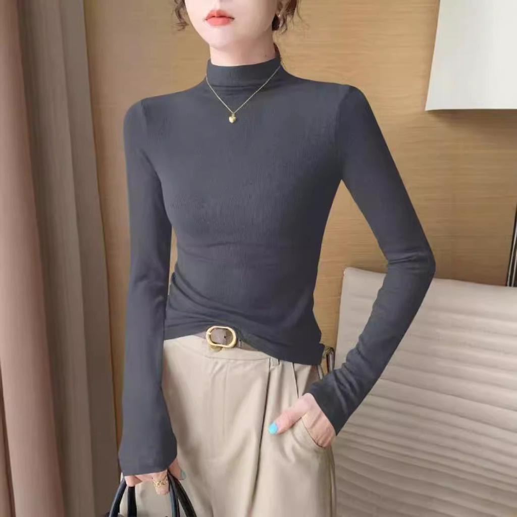 T-Shirt mit geradem Kragen und langen Ärmeln für Damen im Herbst und Winter Neues Basic-Shirt mit hohem Kragen Einfarbig Slim Fit Schlankes Innentop