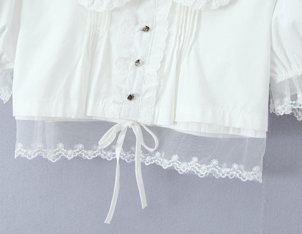 2025 Autumn Women's White Mesh Shirt with Doll Collar & Lace Puff Sleeves