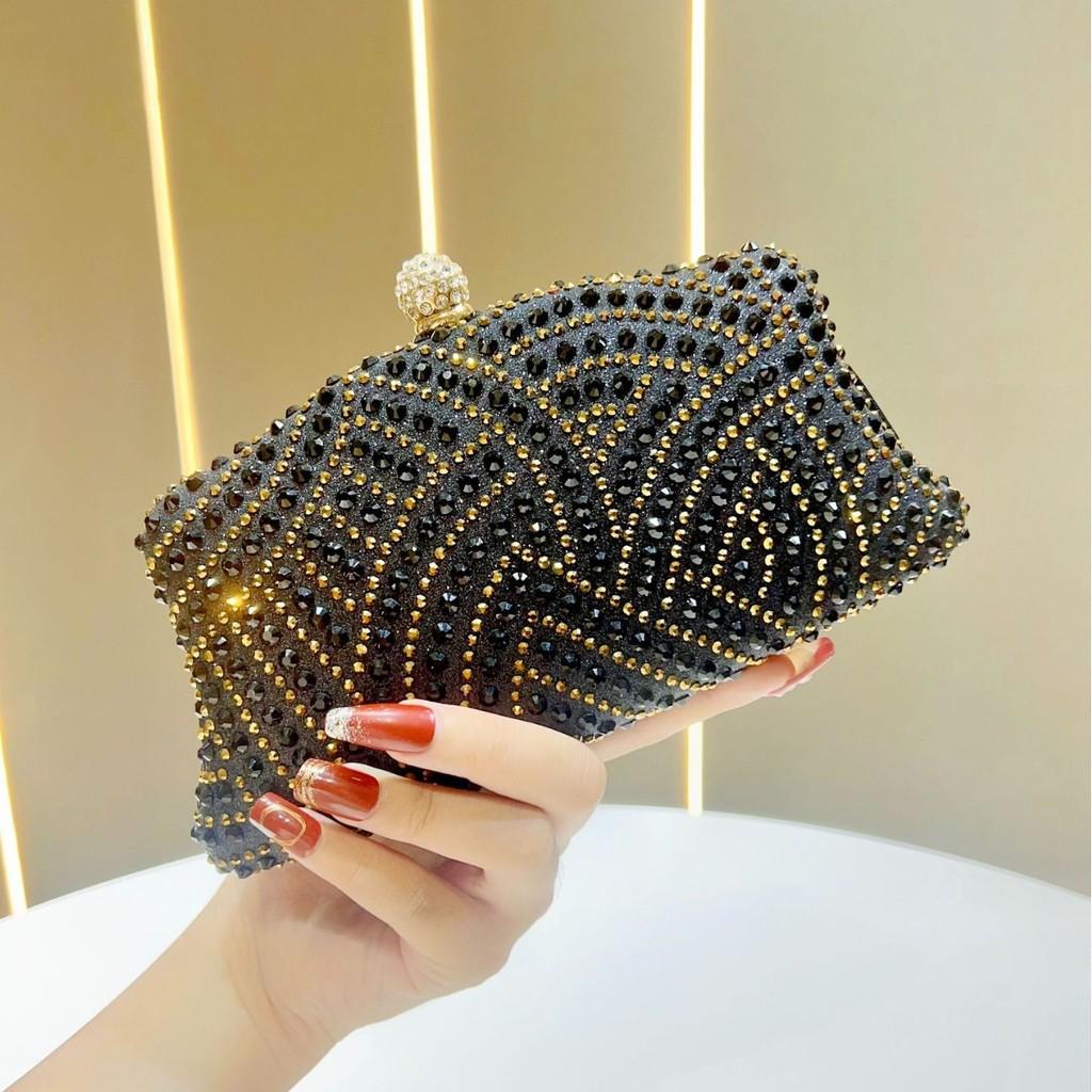 Elegant Polyester Evening Bag With Sparkling Rhinestones And Chain For Formal Events