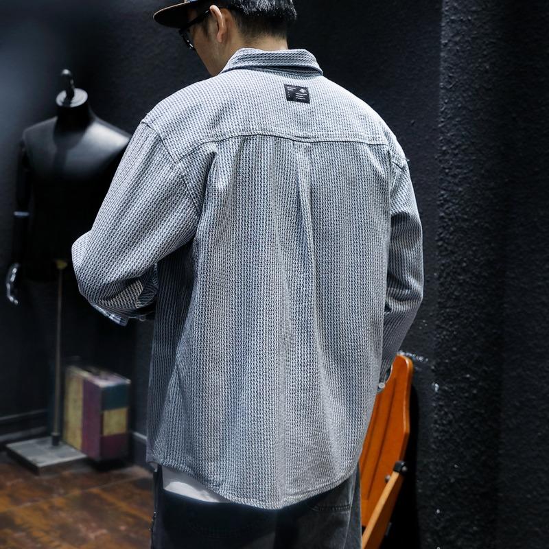 Men's Vintage Turtlenker Trendy All-Match Loose Casual Striped Long-Sleeved Denim Shirt