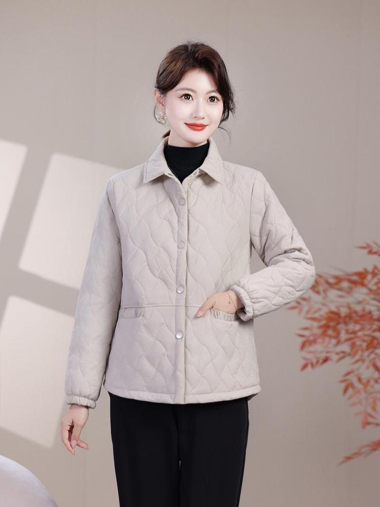 Lightweight Autumn/Winter Cotton Jacket for Middle-Aged & Elderly Women - Solid Color Casual Outerwear with Lapel
