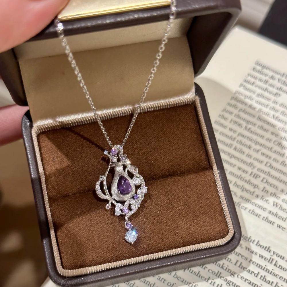 Italian Luxury Necklace with Real Amethyst Perfume Bottle Pendant and Purple Diamond for Women