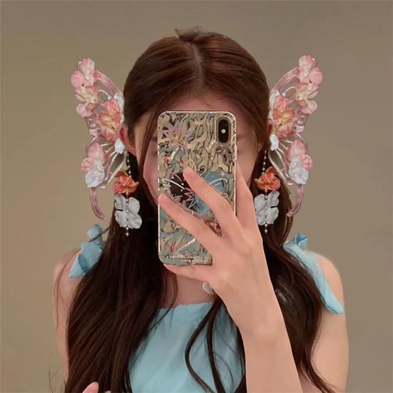 1 Pair Giant Butterfly Hair Clip with Sheer Mesh Wings Flower Hair Side Claw