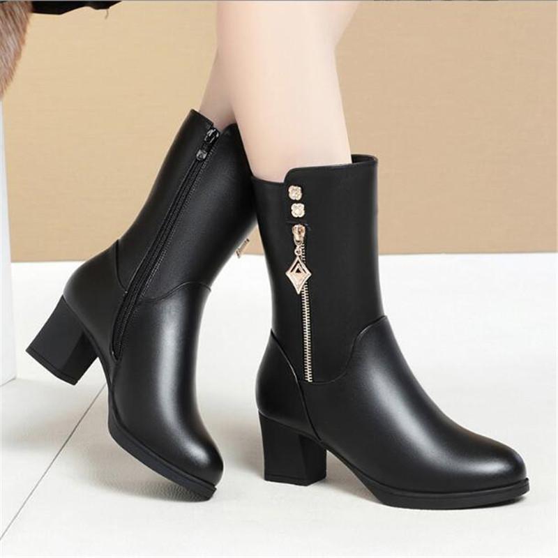 Hoher Stiefel für Damen Schwarz Braun Echtes Leder Hoher Absatz Damenschuhe Mid-Calf Stiefel Rutschfest Dickes Plüsch Damen Winterstiefel