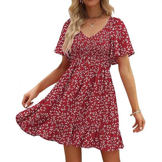 

Red White Floral Print V-Neck Short Sleeve Dress with Ruffled Hem and Waist Pleats, Casual Summer Dress for Women, Available in Multiple Colors XXL