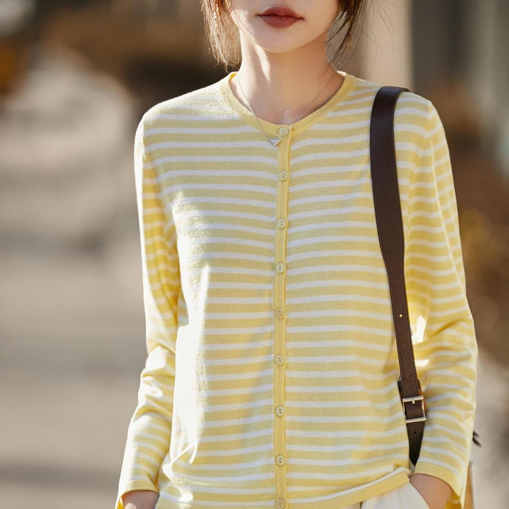 Women's Striped Round Neck Knit Cardigan - Spring & Autumn Casual Loose Fit