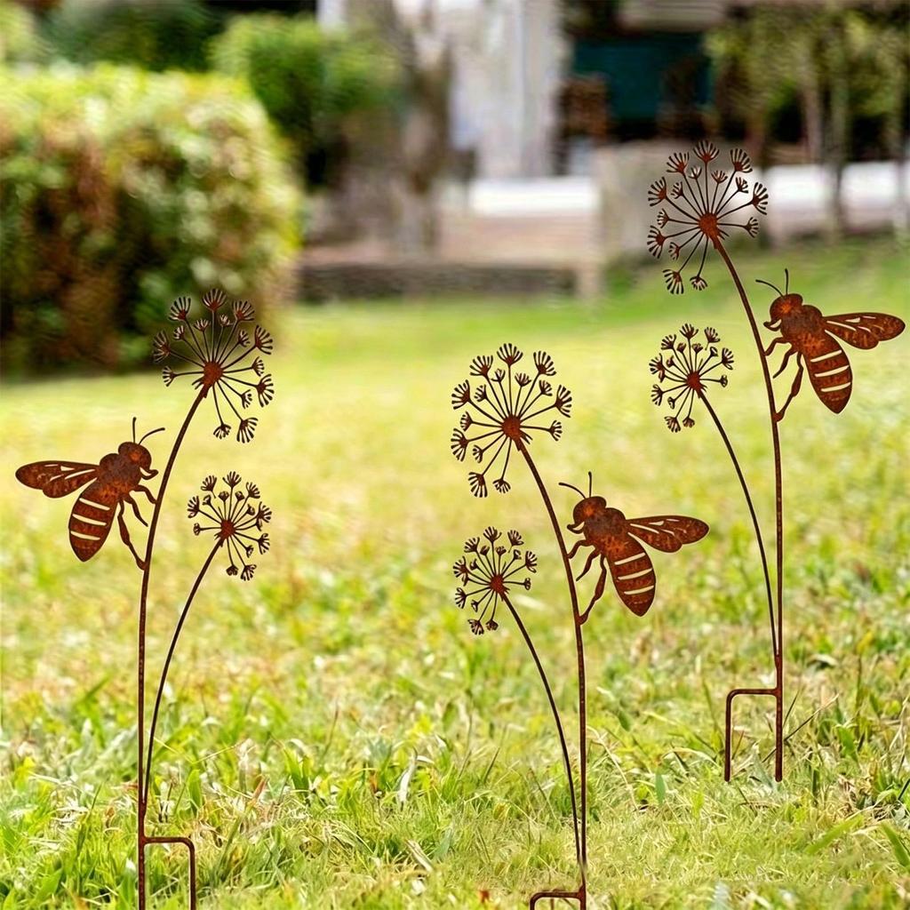 Metal Garden Stakes Decorative Rustic Bee Outdoor Metal Art Yard Sign Stake for Backyard Lawn Patio Porch Deck Pathway Walkway