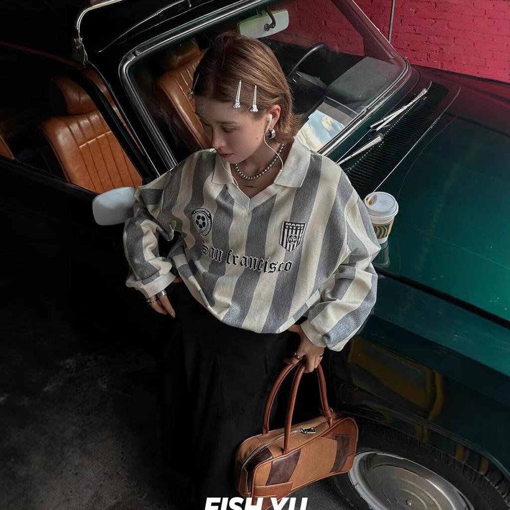 2025 Spring/Autumn Retro Jersey Vertical Stripe Letter Print Polo Collar Sweatshirt for Women