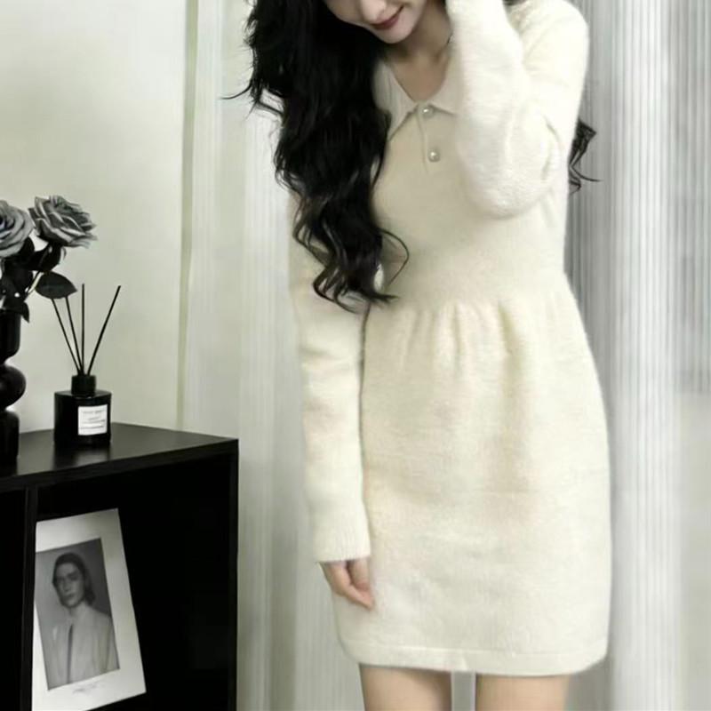 

Hepburn Lapel Knit Dress: 2026 Korean Waist-Cinching Elegant Long A-line Skirt One Size [80-120]