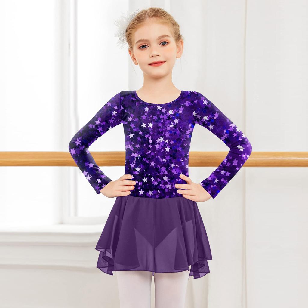 Girls' Color-blocked Romper Long-sleeved Tulle Dress Dance Costume