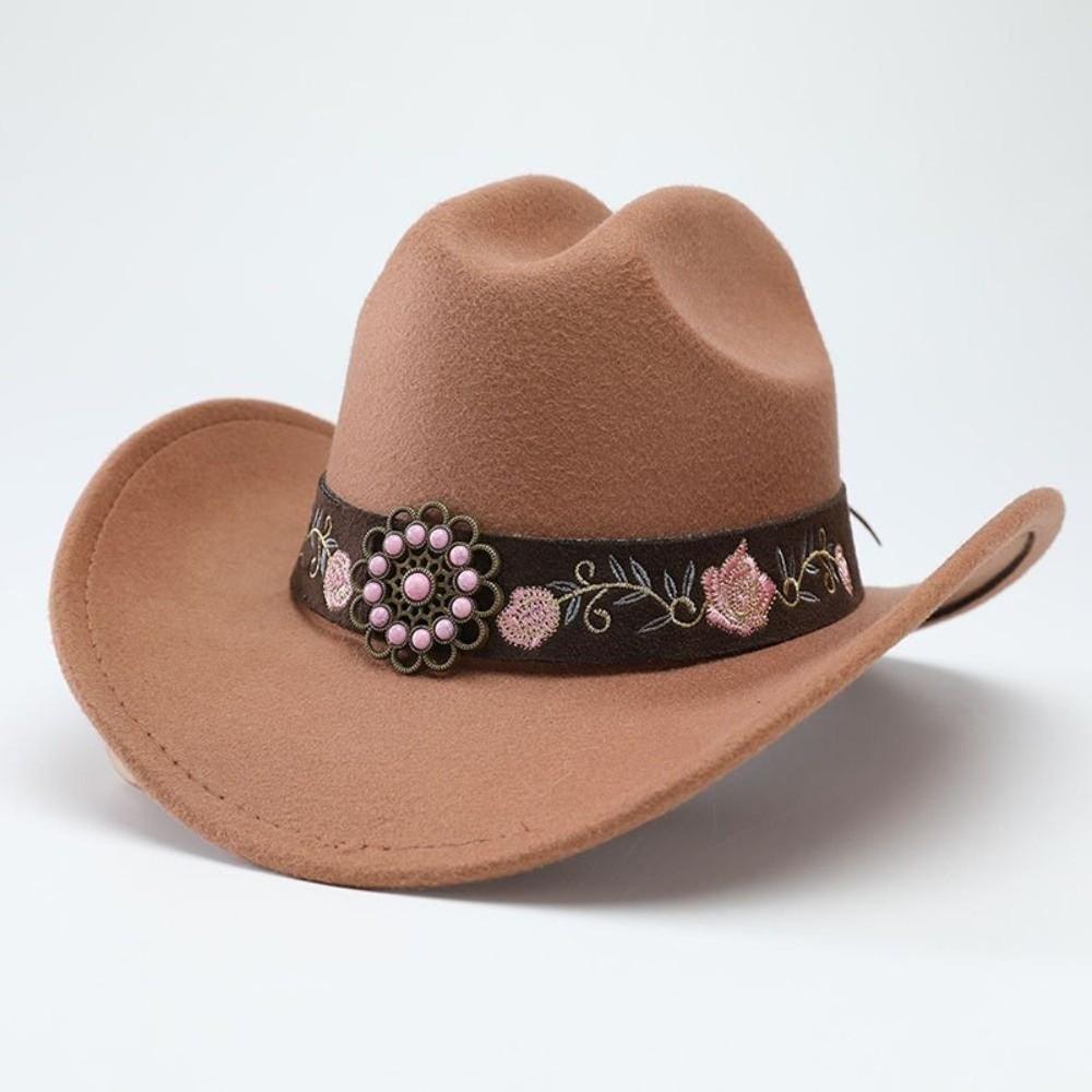 Weicher Fedora Hut mit Blumenstickerei Sonnenhut Vintage Filz Western Cowboyhut Reise Outdoor