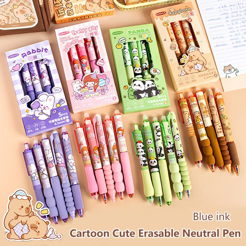 5Pcs Cute Cartoon Capybara Erasable Pen  Writing Smooth Quick-Drying Gel Pen Replacement Pen Core Office Supplies Gifts