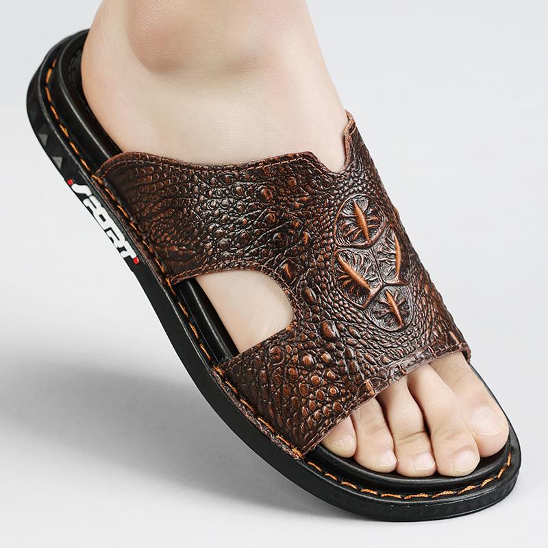 Leather Men's Slippers Luxury Crocodile Slip On Casual Shoes High Quality New Non-Slip Summer Sandals For Men Slippers