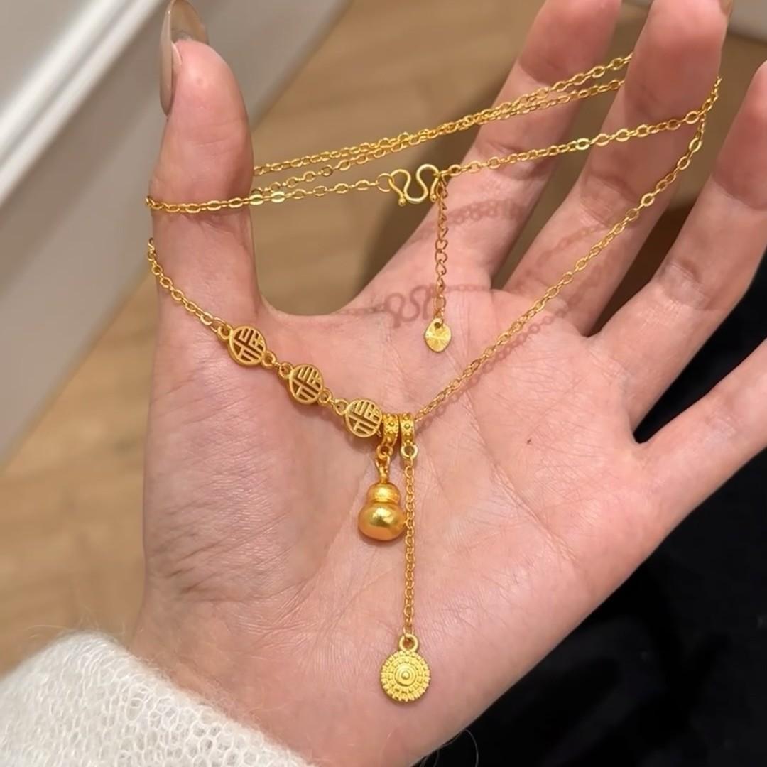 New Chinese Style Golden Gourd Pendant with Tassel, Lucky Character, Collarbone Chain, Best Friend Gift 40CM