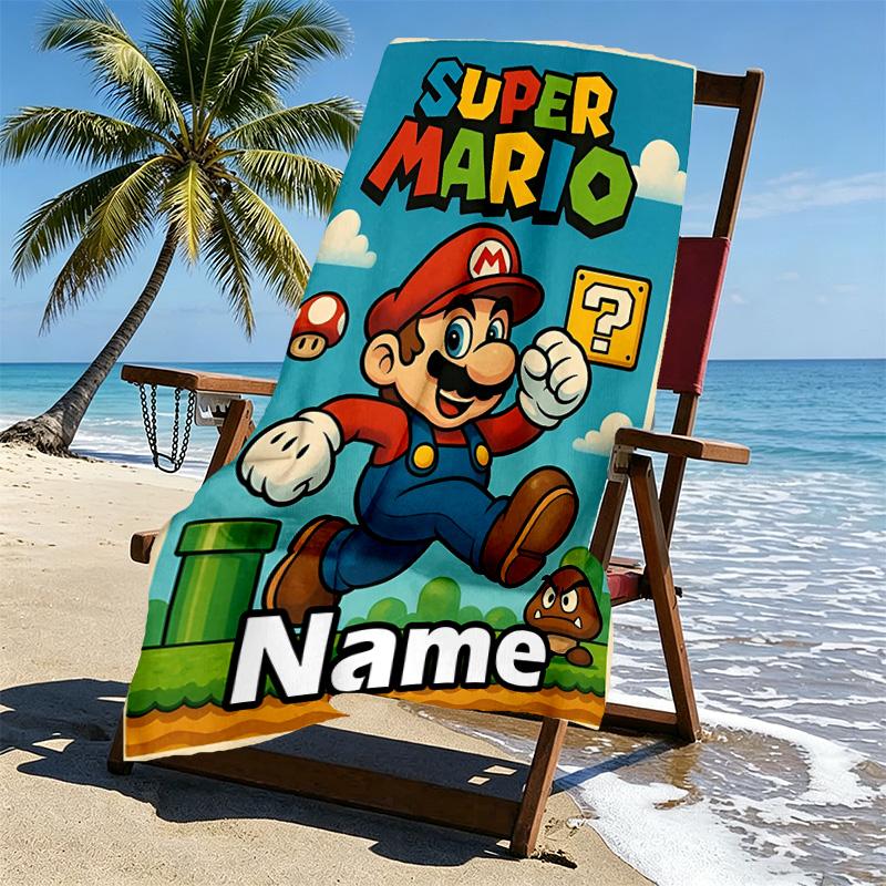 Custom Name Personalized Super Mario Print Beach Towel, for Trip Camping Beach Party Home Decor, Birthday Gift for Family & Friends