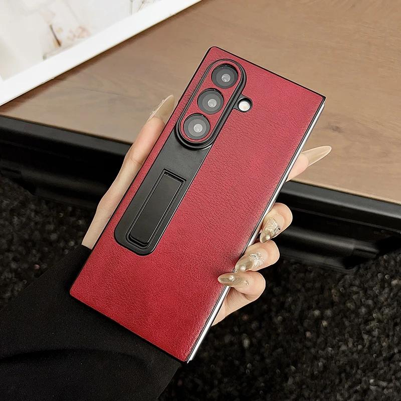 Business Stand Leather Phone Case for Samsung Galaxy Z Fold 7 6 5 4 3 Crazy Horse Pattern Bracket Hard Mobile Shockproof Protect Cover