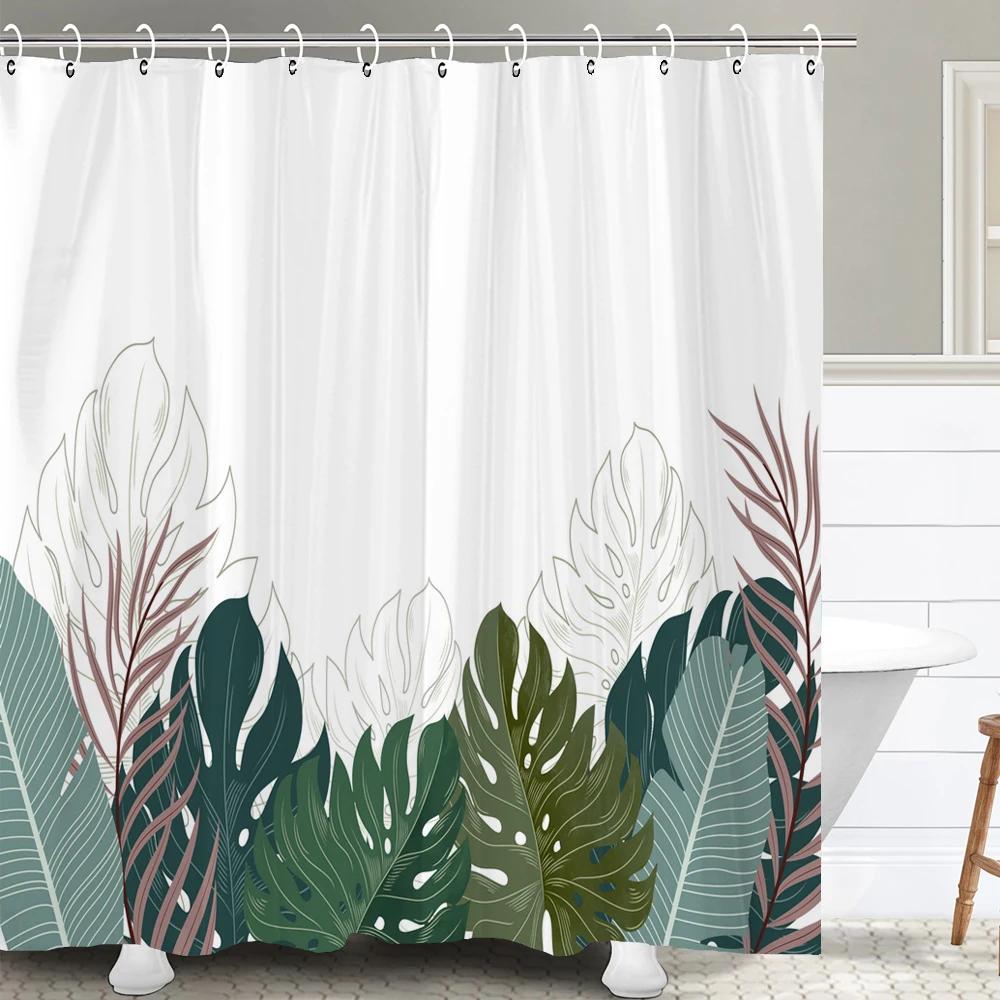 Simple style Plant Leaves Shower Curtain with Hook - Modern Leaf Design, Printed polyester fabric Bathroom Decoration Curtain