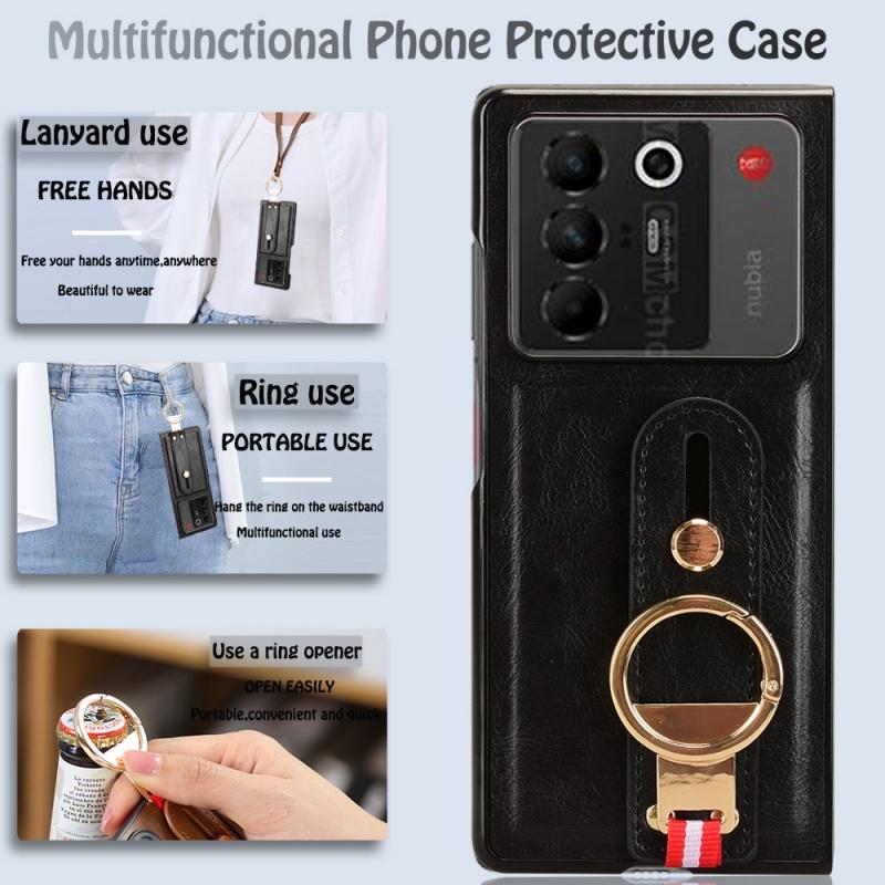 Wrist Strap Phone Case for ZTE Nubia Fold 5G PU Leather Cases Retro Hard Matte Front+Back Cover Capa Funda