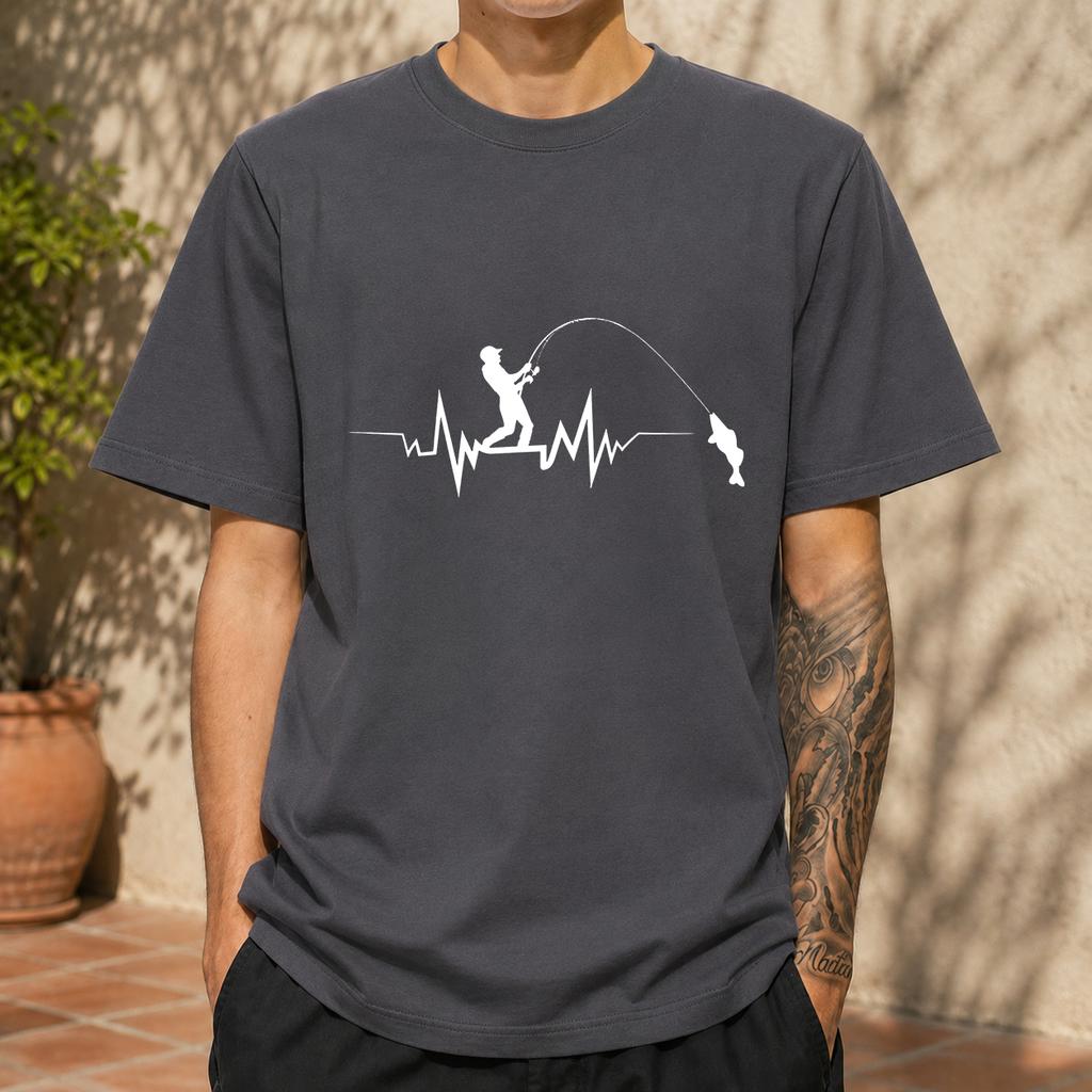 2026 New Cotton Tshirt With Heartbeat Ecg Fisherunisex Print Casual Crew Neck Short Sleeve For Fishing Enthusiasts