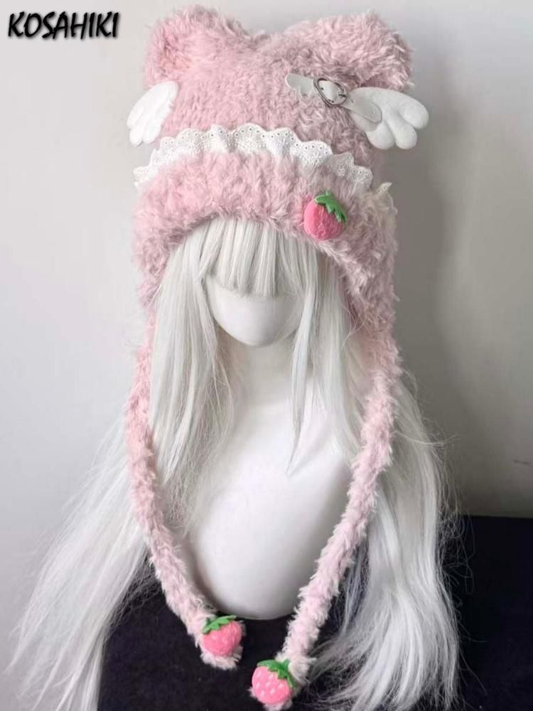 Y2K Aesthetic Lace Patchwork Knitted Fairy Hat Cute Strawberry Winter Cap Harajuku Kawaii Grunge Women Hats