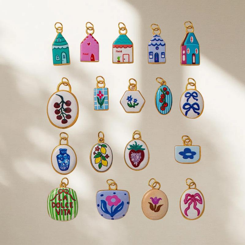 Fashion Oval Painted Oil Drop Pendant Cute Flower House Printing Charm For Jewelry Making Necklace Earring Hanging Accessories