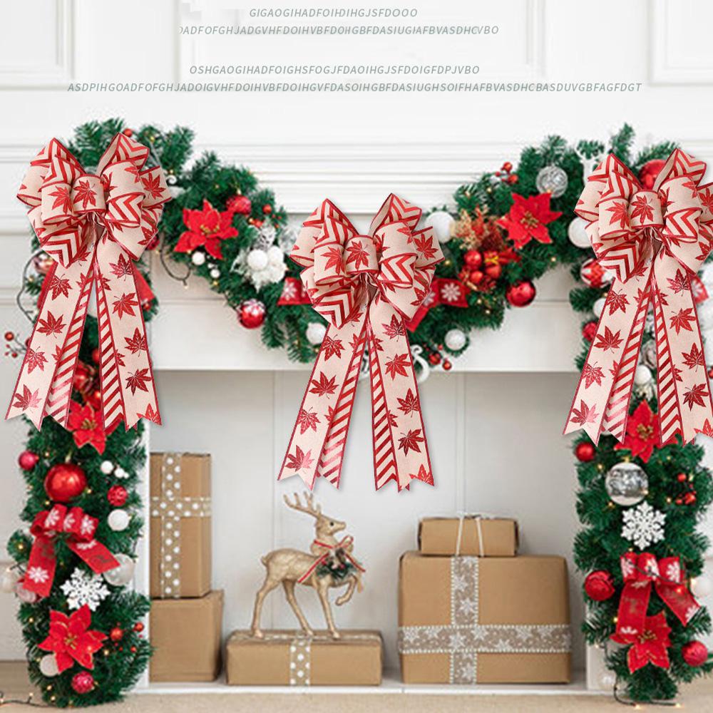 40*24cm Double Layer Large Christmas Bow Christmas Tree Topper Bow with Glitter Gold Edge Decor for Xmas Door MapleLeaf Bow Deco