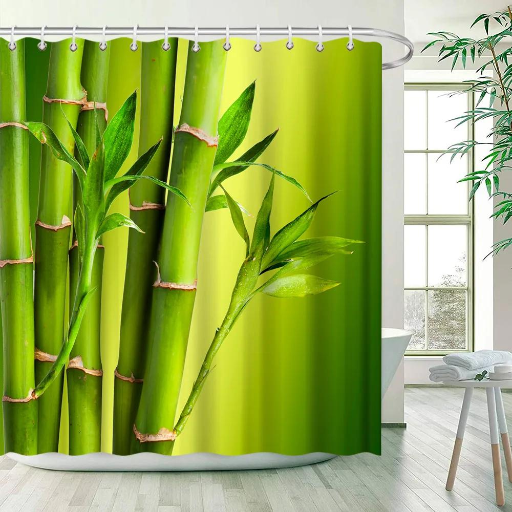 Green Bamboo Zen Stone Shower Curtains Lotus Flowing Water Zen Landscape Shower Curtain Home Bathroom Decoration Set with Hooks