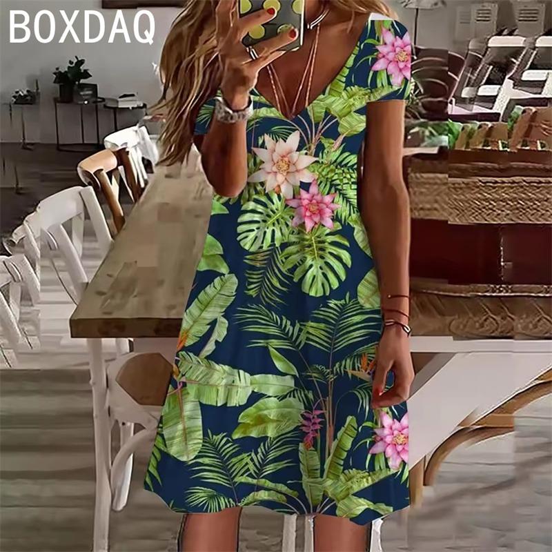 Boho  Flower Vintage Casual A-Line Dress Women Summer Short Sleeve V-Neck Hawaii Beach Party Dress
