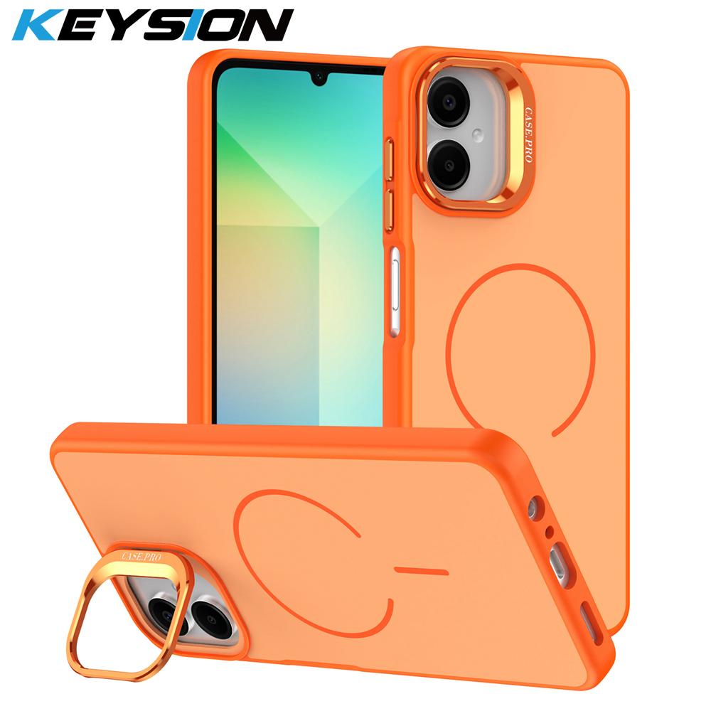 KEYSION Matte Skin Feel Lens Stand Phone Case for MagSafe for Samsung A07 4G A06 5G Magnetic Shockproof Cover for Galaxy A06 A07 for Samsung A07 оранжевый