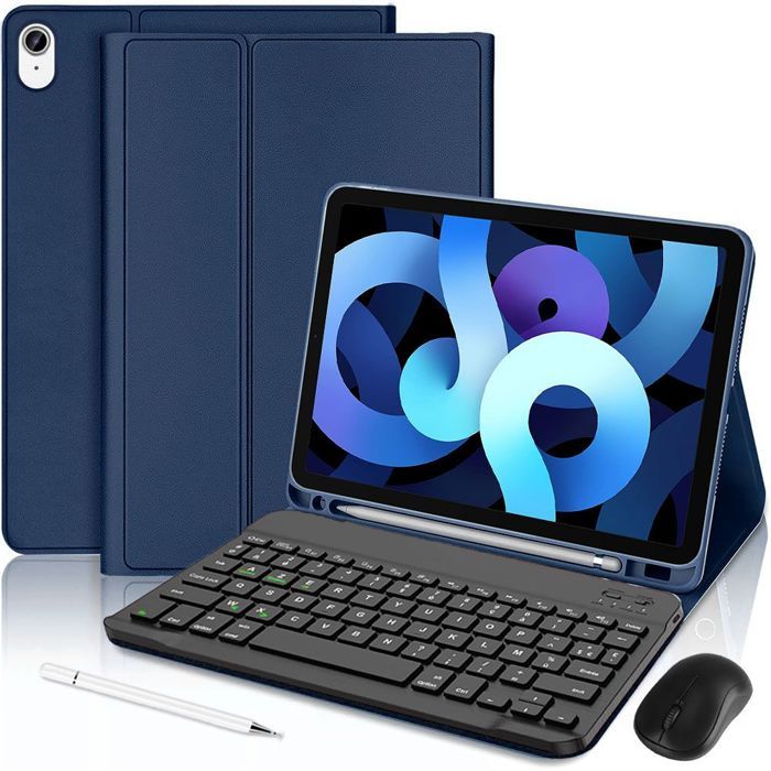 Coque Clavier pour iPad Air 11" (M3/M2) / iPad Air 4/5 10,9" - Cuir PU Bleu Marine avec Clavier + Souris + Stylet