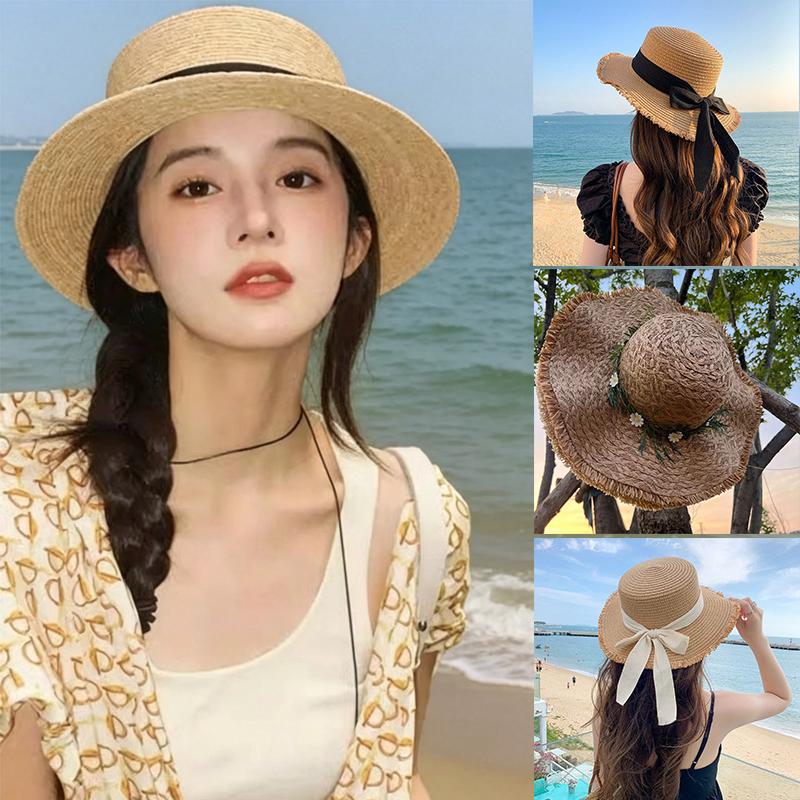 New Fashion Women Bow Flat Topped French Straw Hats Summer Wide Brim Vacation Sunshade Female Panama Hat UV Protection Beach Cap