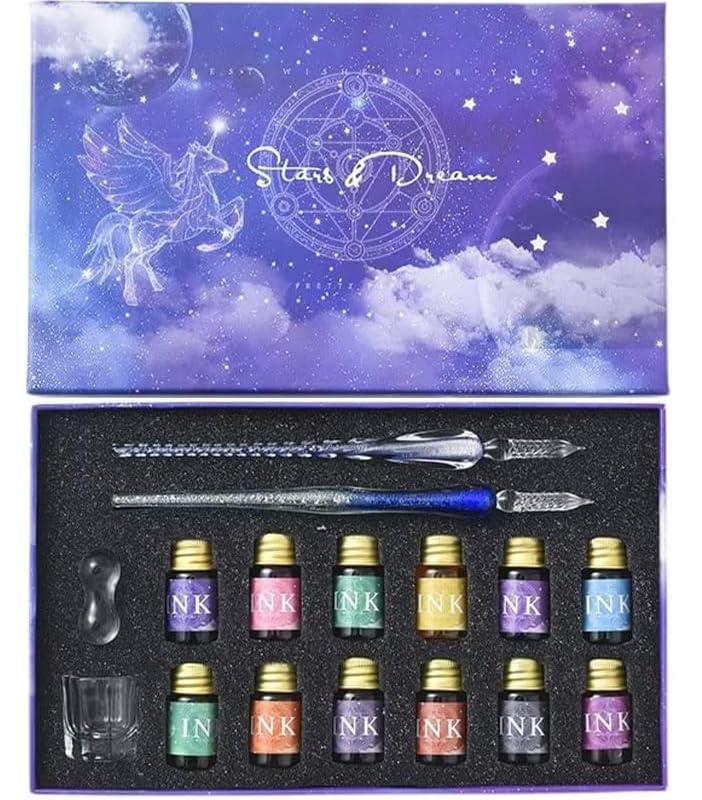 Ducale Glass Pen Set Ink 2 Sign Fountain with Starry Sky Rainbow Dark Blue (12 Colors, Pens, Pen, Pen) Box, Design, Gradient, (GRS-DBL-SET)